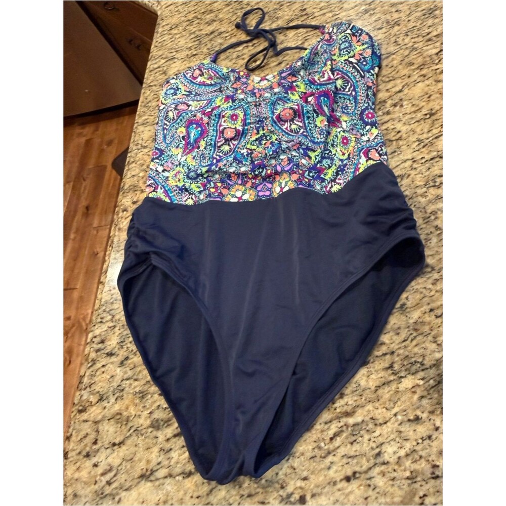 Athleta Multicolor Paisley One-Piece Swimsuit with Navy Bottom